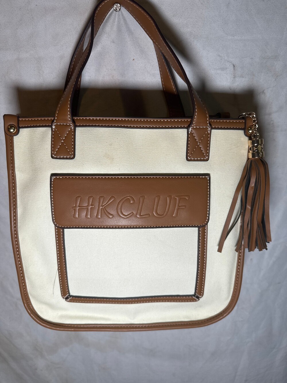 HKCLUF Crossbody Bag Cream Brown Vegan Leather Tassel Accent